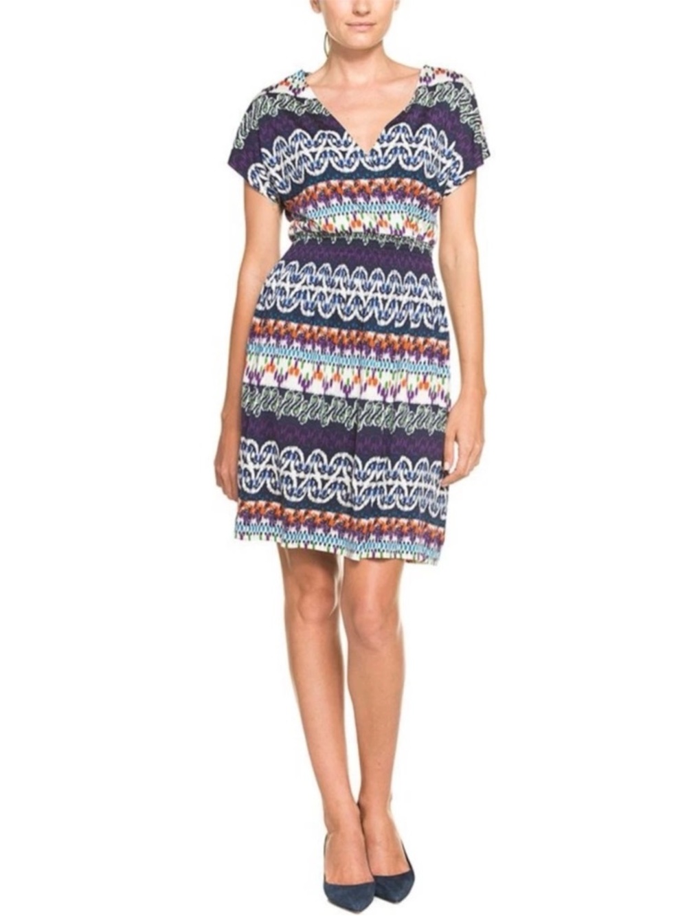 TORY BURCH | Arjeta Ikat Print Silk Jersey Multicolor Patterned V-Neck Dress XS